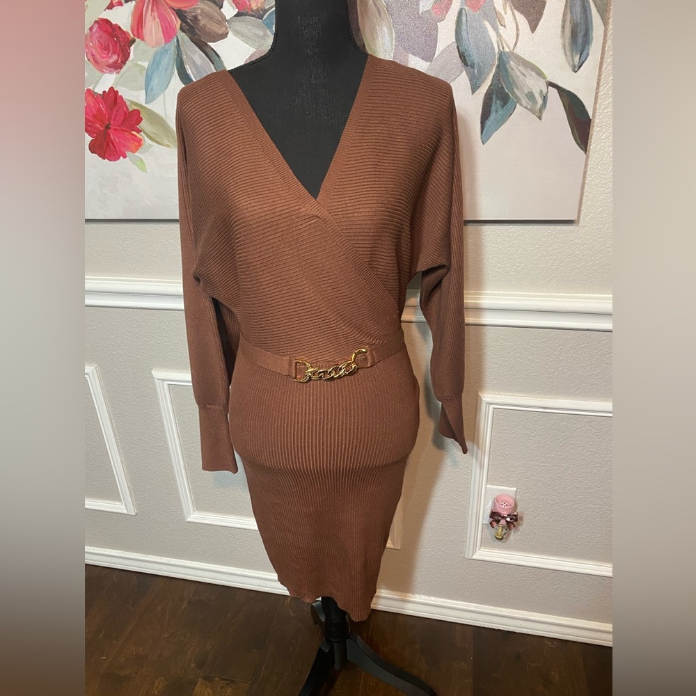 Brown Ribbed Sweater Dress - Picture 5 of 14